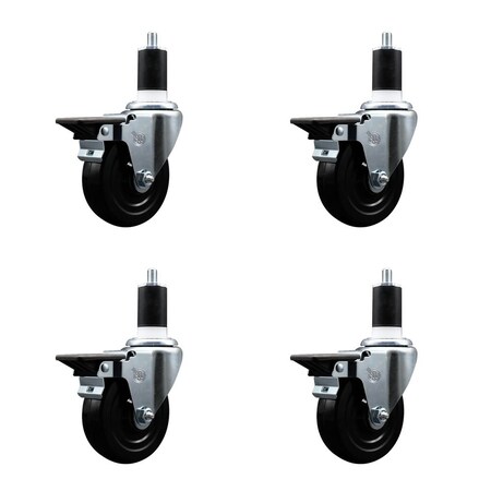 Service Caster 4'' Hard Rubber Swivel 1-1/2'' Expanding Stem Caster Set with Brake, 4PK SCC-EX20S414-HRS-PLB-112-4